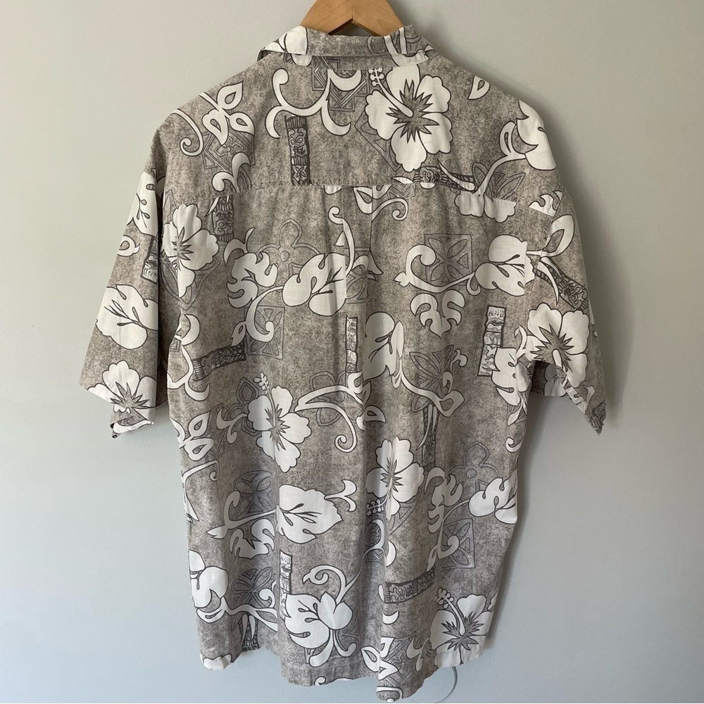 Casual Hawaiian Button Up Shirt Mens L Grey Floral Short Sleeve Cotton Beach GUC - Picture 6 of 10